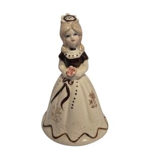 Vintage Lady Bell Figurine Cream Brown 6" Excellent Ceramic Rose